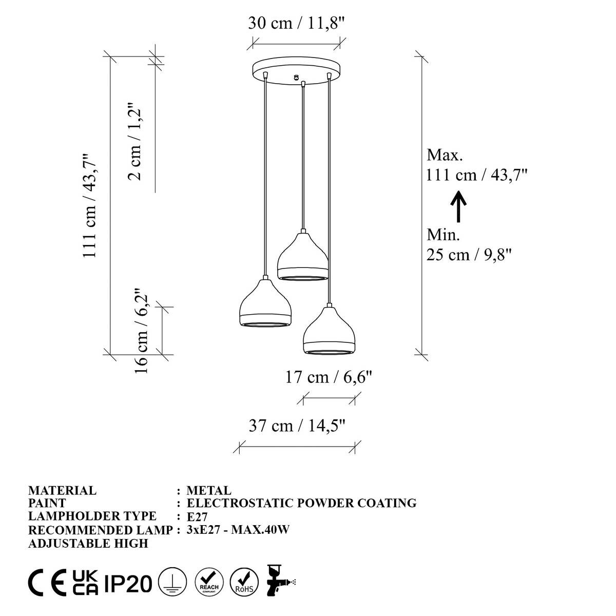 Opviq Pendelleuchte Yldo weiß B/H/T/L: ca. 37x111x17x37 cm E27 3 Brennstellen