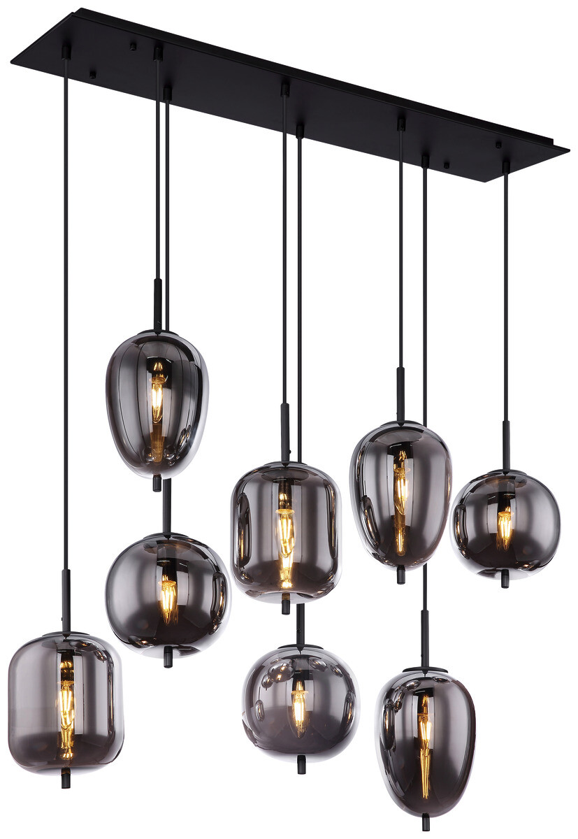 GLOBO Pendelleuchte Blacky 15345-8 schwarz Rauch Metall Glas B/H/T: ca. 94x120x34 cm E14 8 Brennstellen