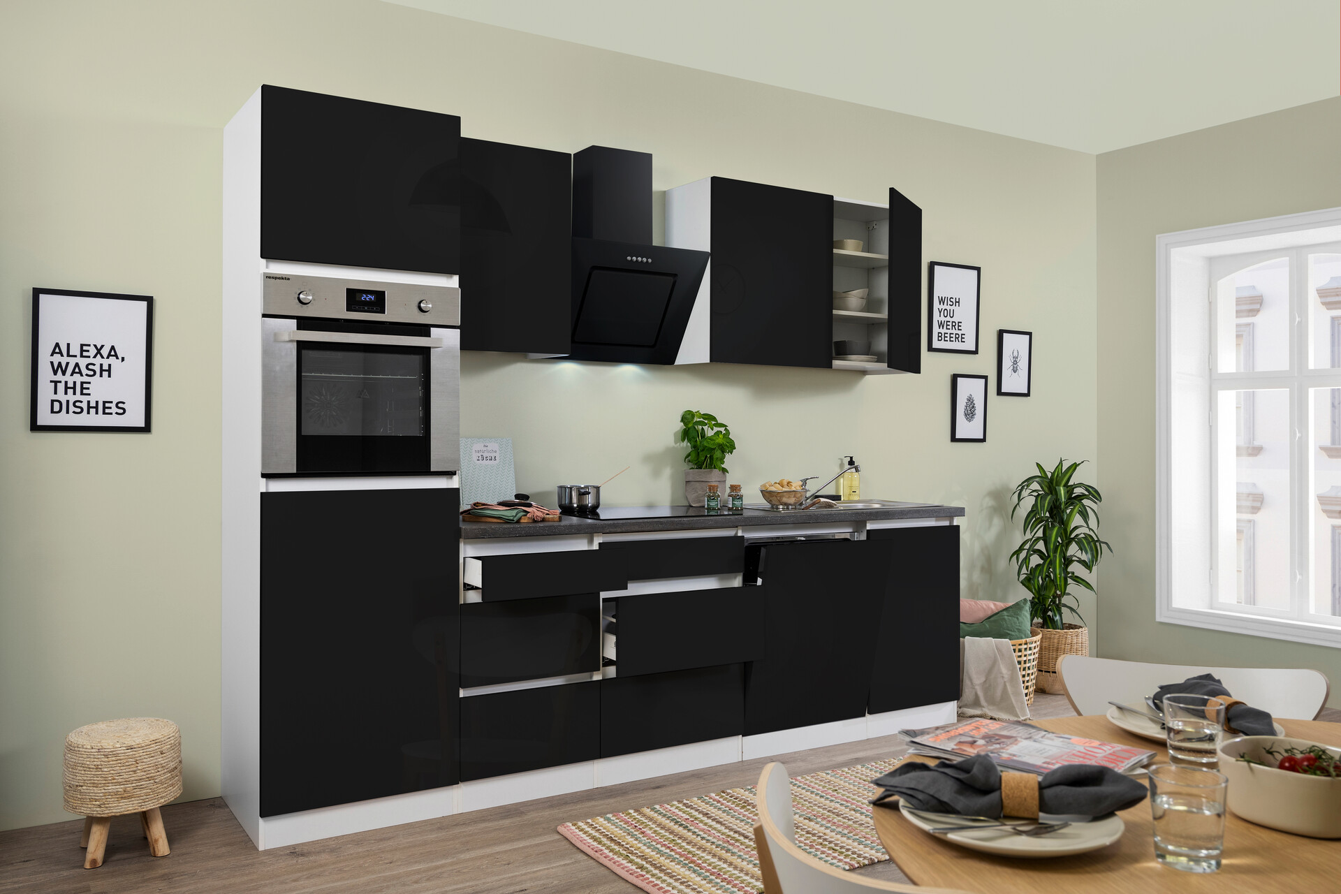 Respekta Küchenblock Premium schwarz hochglänzend B/H/T: ca. 280x220,5x60 cm