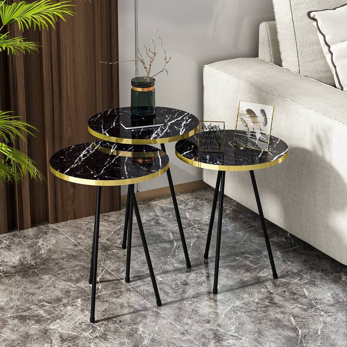 Beistelltisch 3er-Set. 21776160 schwarz Marmoroptik B/H/T: ca. 38x53,5x38 cm