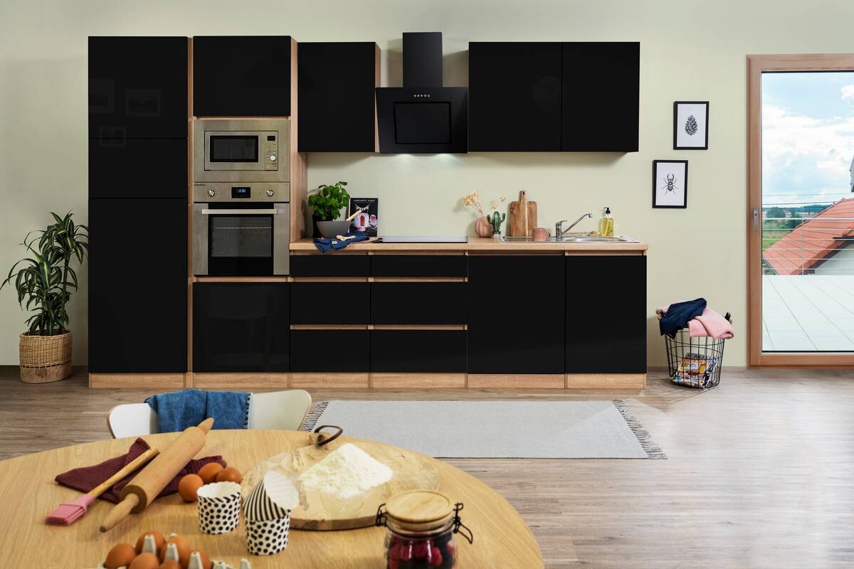 Respekta Küchenblock Premium schwarz hochglänzend B/H/T: ca. 345x220,5x60 cm