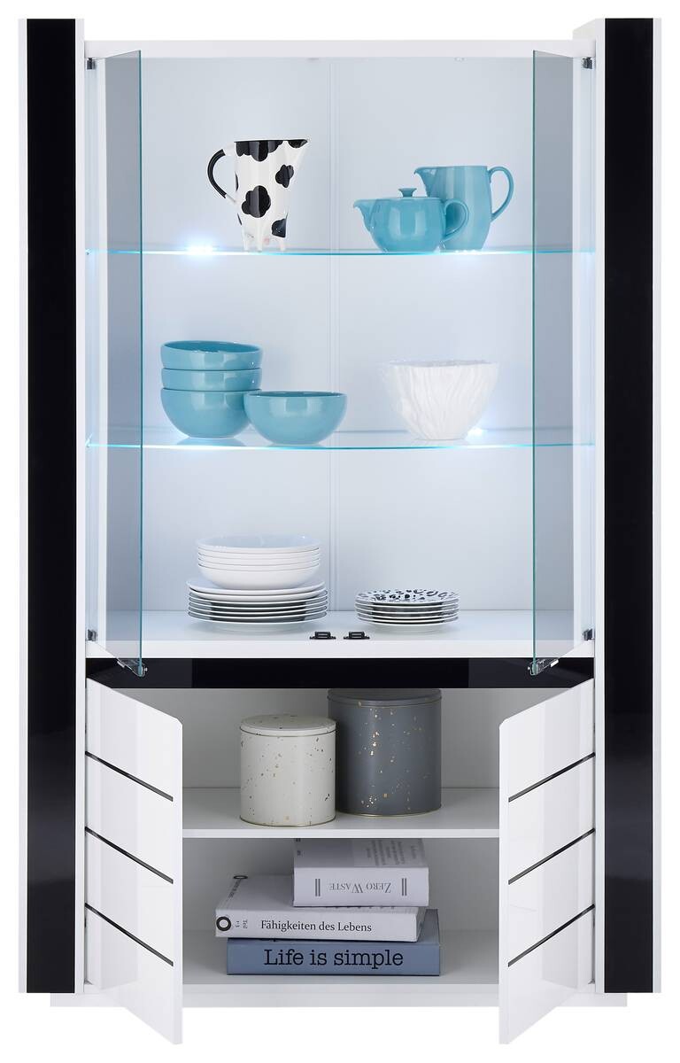 Vitrine Savona weiß Hochglanz schwarz Hochglanz B/H/T: ca. 120x185x45 cm