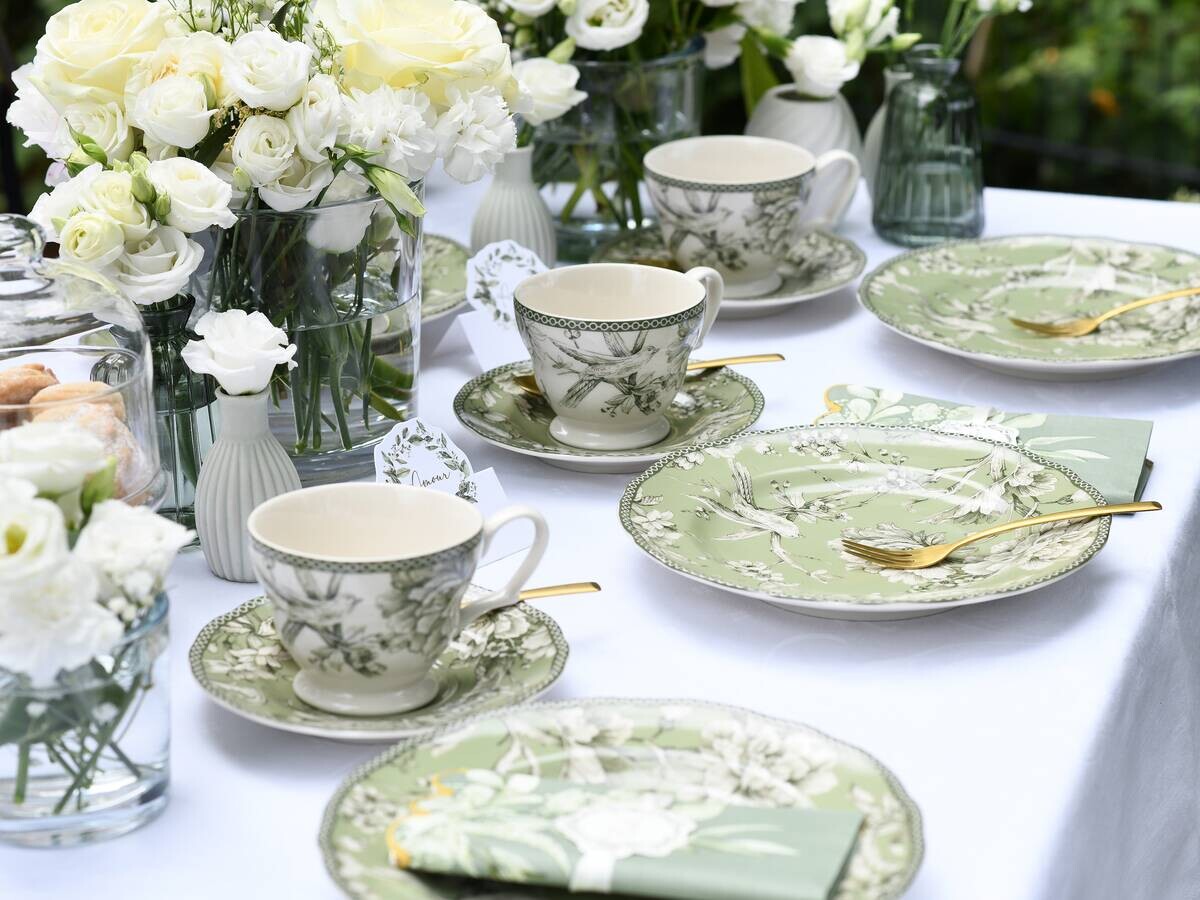 CreaTable Kaffeeservice Adelaide Grün weiß Porzellan 12 tlg.