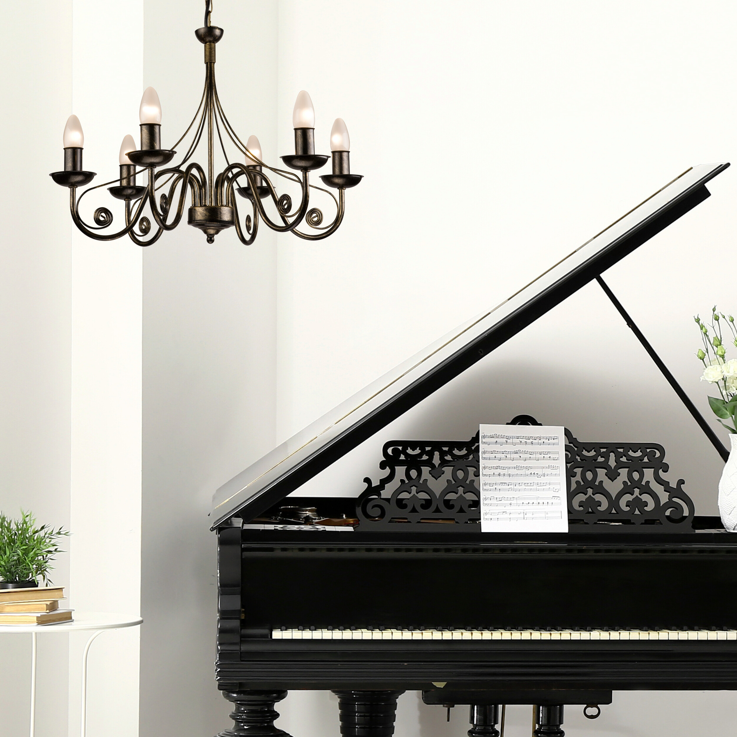 Lamkur Kronleuchter Donato schwarz Stahl B/H/L: ca. 57x72x57 cm E14 6 Brennstellen