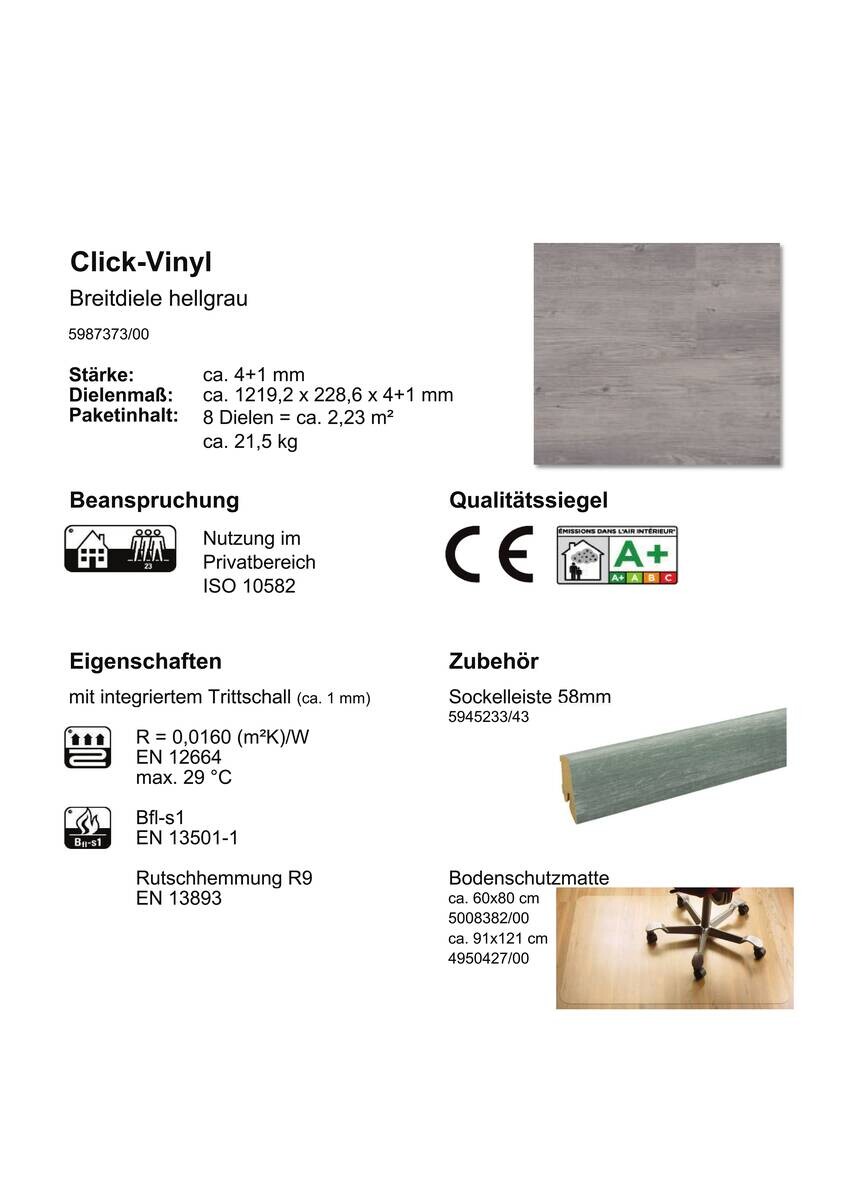 Click-Vinylboden Eiche hellgrau ca. 2,23 m² im Paket  B/L: ca. 22,8x121,92 cm pro Paket
