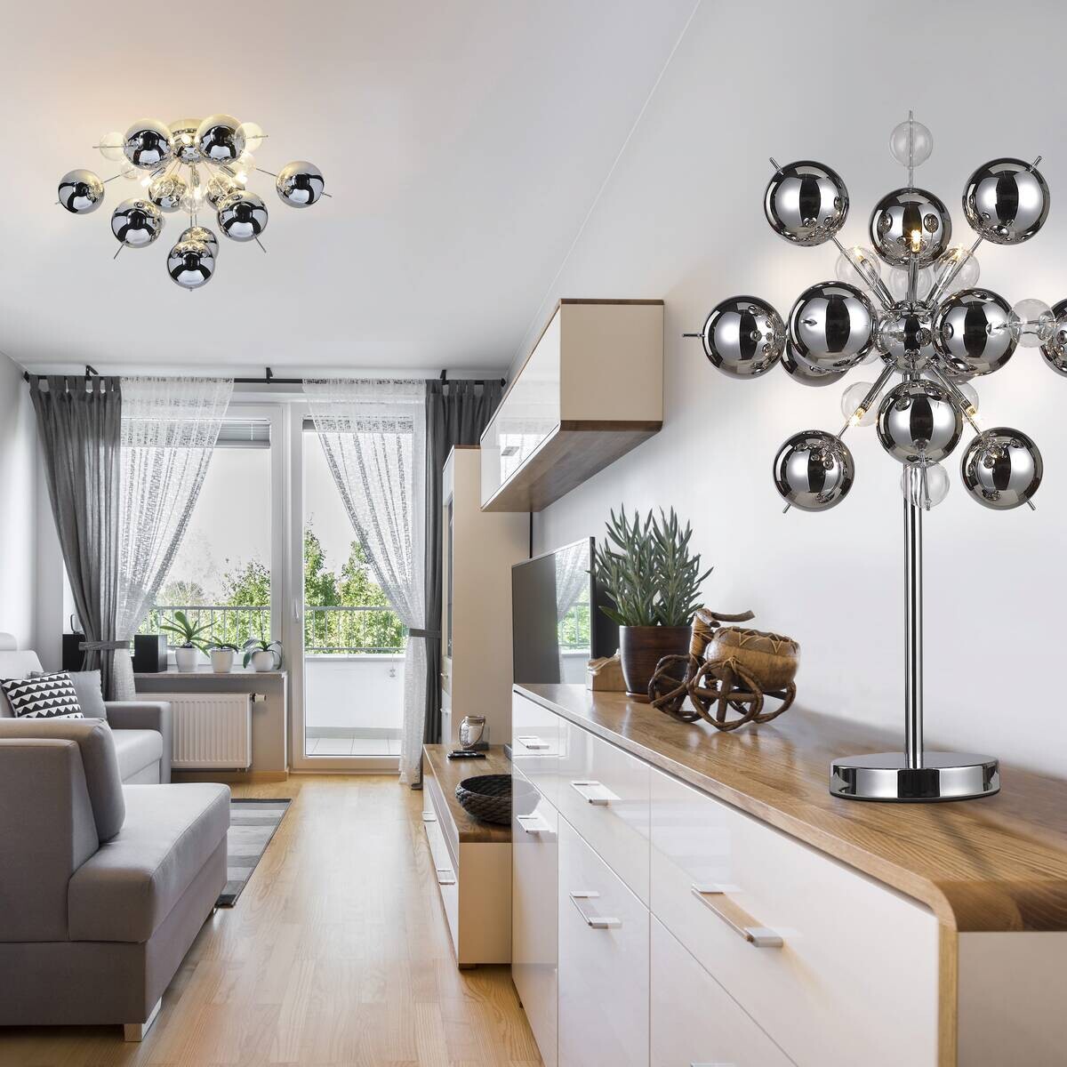 Näve Leuchten Tischleuchte 3073242 Chrom Metall Glas B/H/T: ca. 50x74x50 cm G9 6 Brennstellen