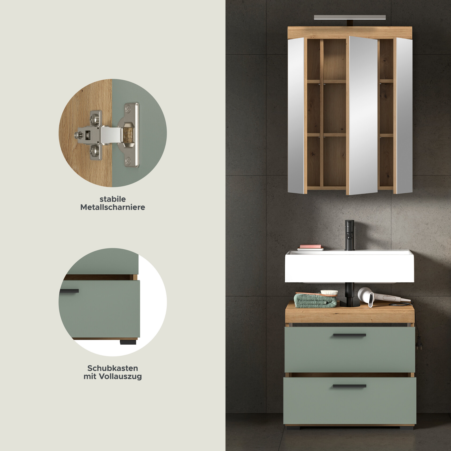 Badezimmer-Set Scout Eiche Artisan Nachbildung salbei Nachbildung B/H/T: ca. 60x191x37 cm