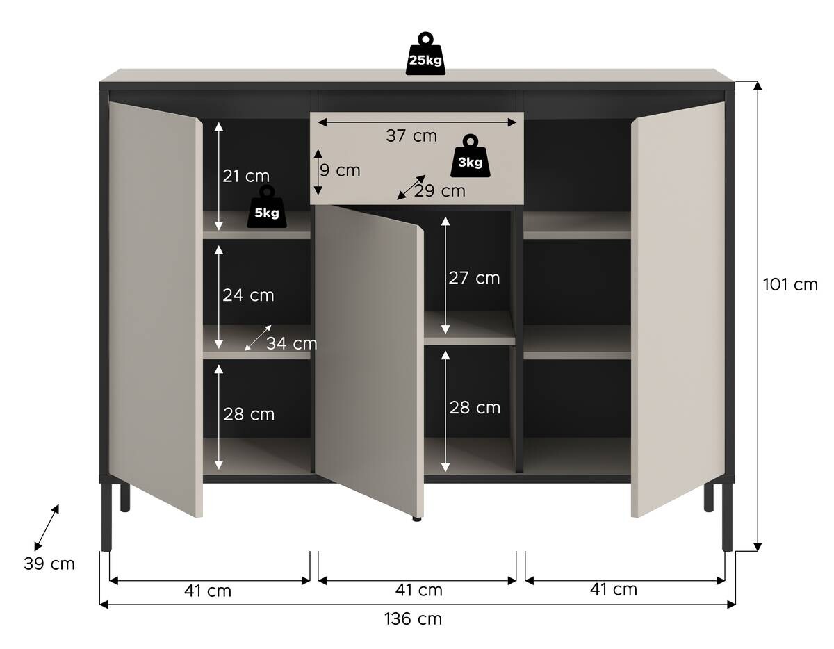 Kommode Tron Kaschmirgrau Nachbildung schwarz B/H/T: ca. 136x101x38 cm