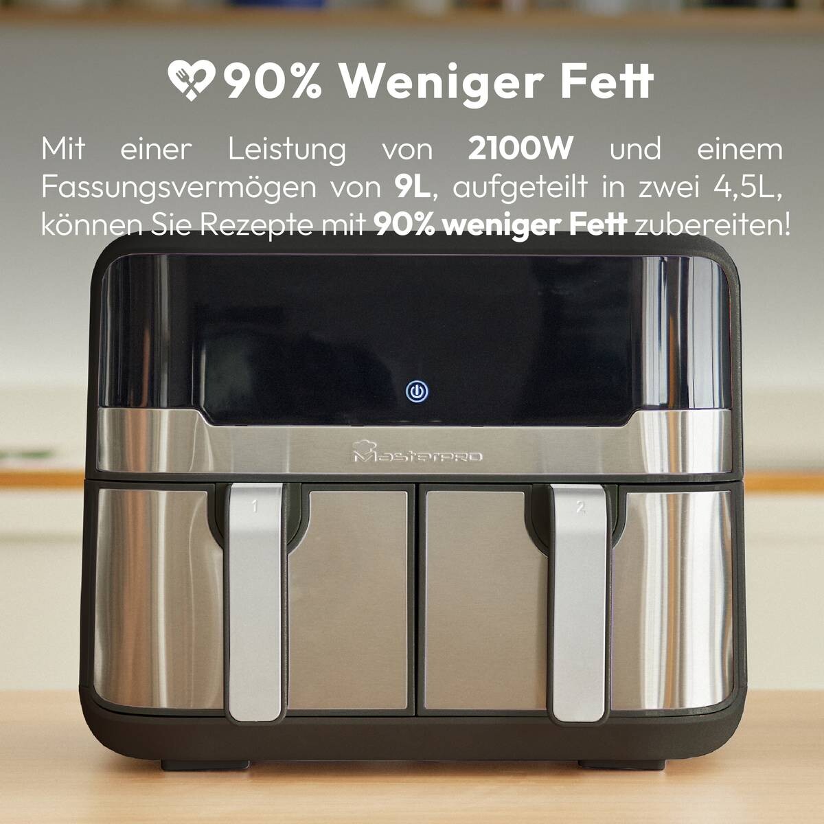 MASTERPRO Heißluftfritteuse Doppelbehälter BGMP-9178-BK silber Metall B/H/T: ca. 45x35,5x38 cm ca. 9 l