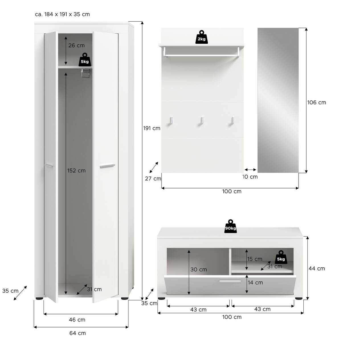 Garderobe JAM weiß B/H/T: ca. 184x191x35 cm
