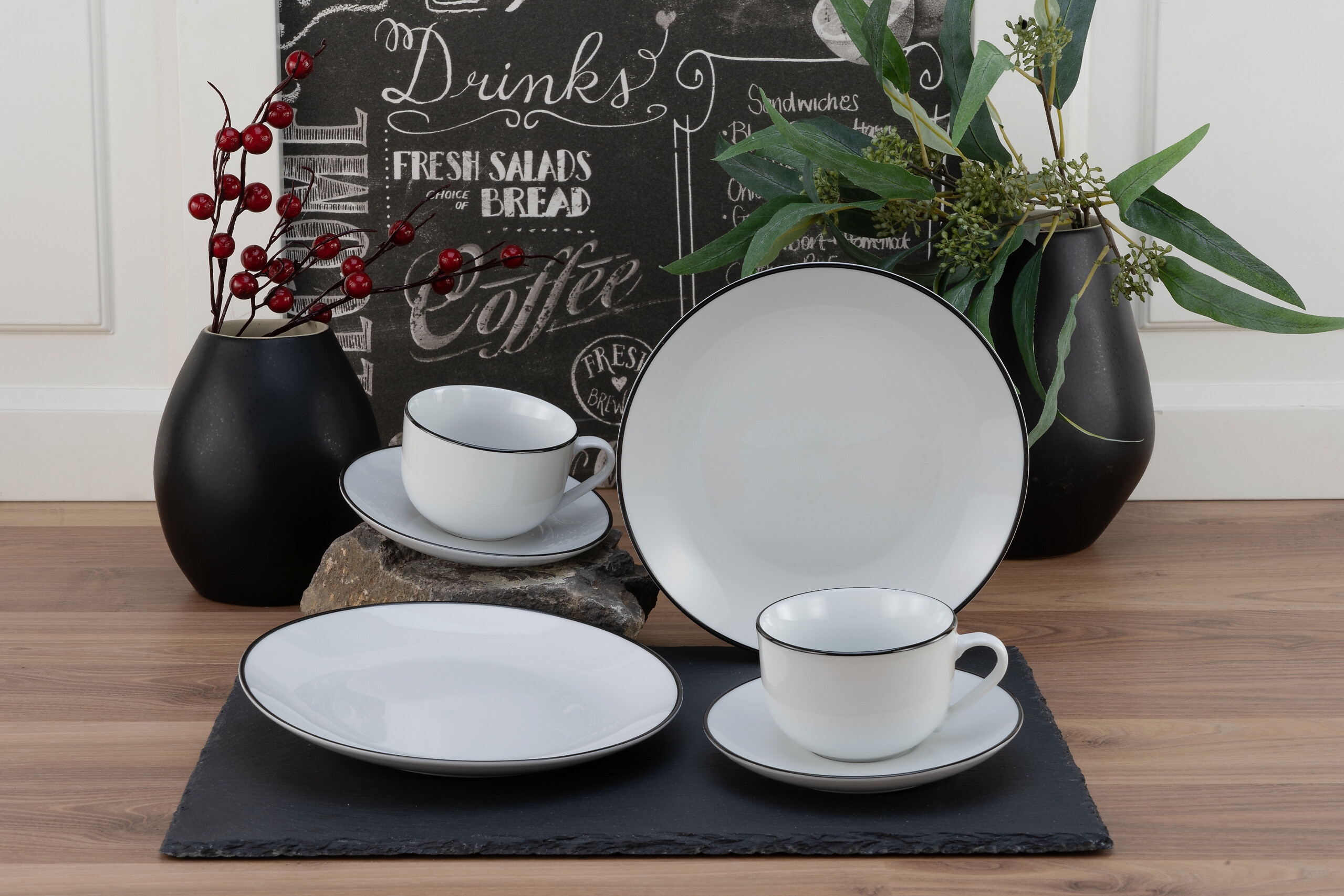 CreaTable Kaffeeservice Luna Black Line weiß Porzellan 18 tlg.