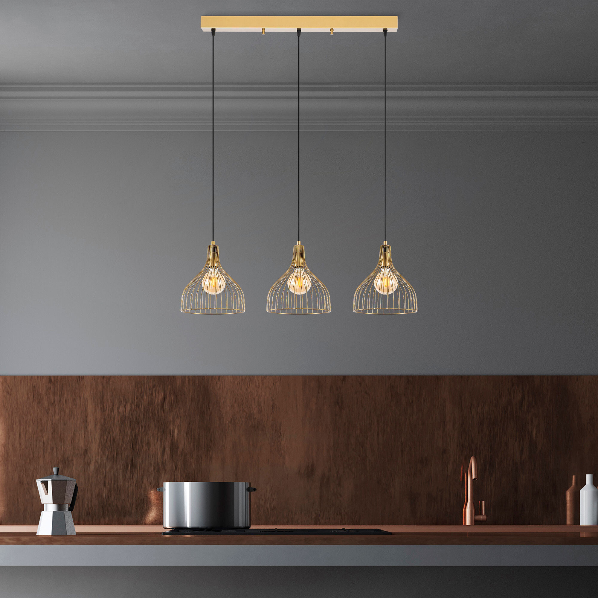 Opviq Pendelleuchte Cafu-11566-1 gold B/H/T/L: ca. 25x121x25x94 cm E27 3 Brennstellen