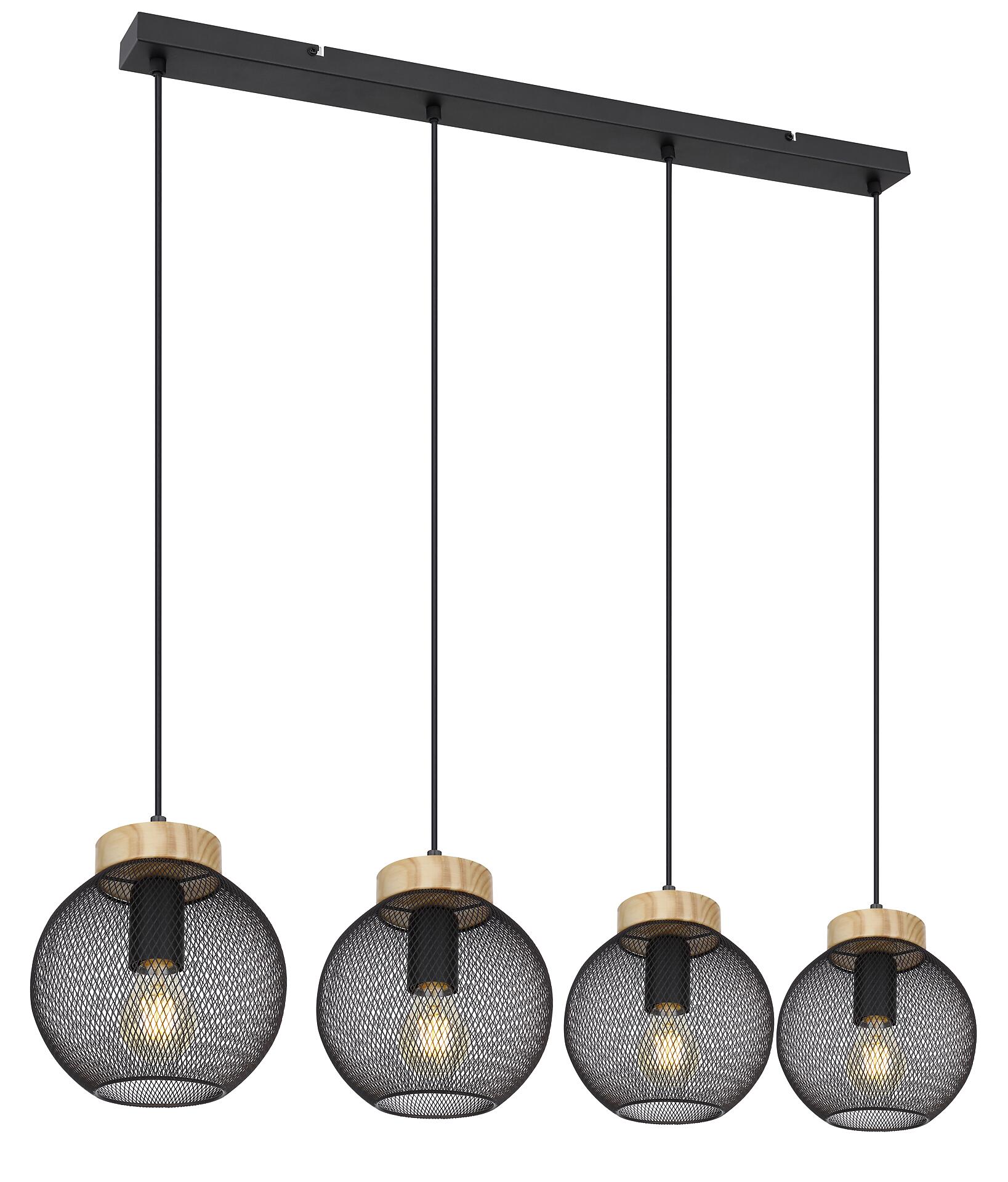 GLOBO Pendelleuchte Pablo mattschwarz natur Metall Holz B/H/T: ca. 95x120x20 cm E27 4 Brennstellen