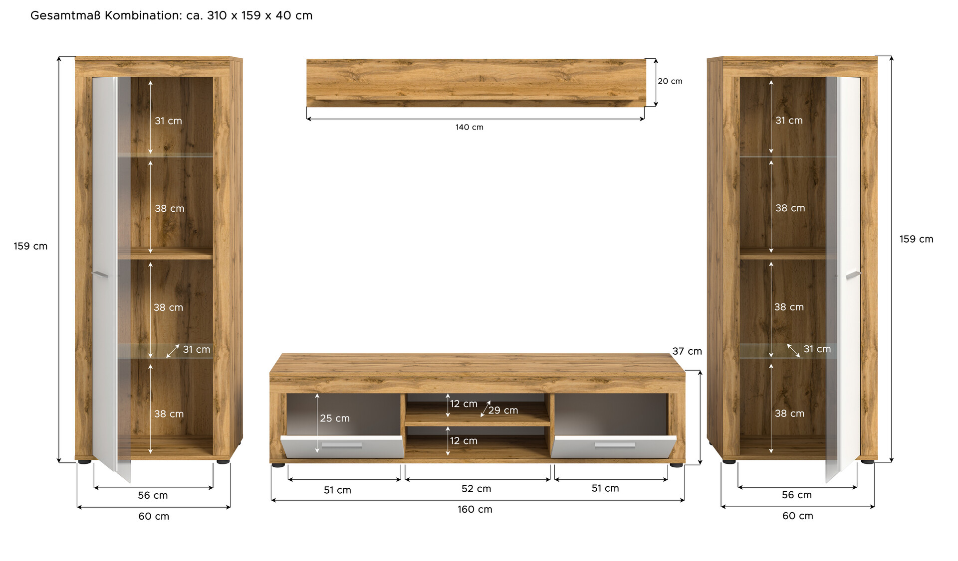 Wohnwand Jam Eiche Wotan Nachbildung weiß B/H/T: ca. 310x159x35 cm