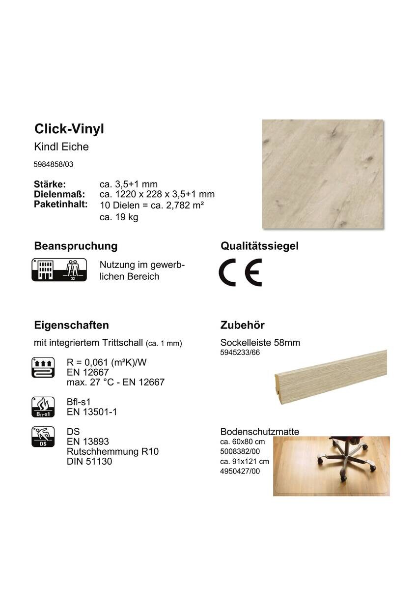 Click-Vinylboden Kindl ca. 2,782 m² im Paket  B/L: ca. 22,8x122 cm pro Paket