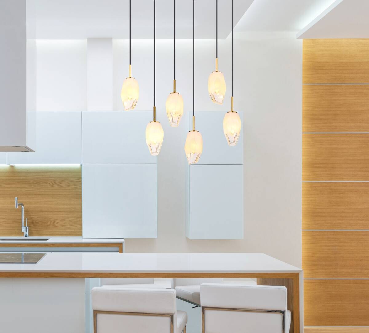 GLOBO Pendelleuchte messing Opal klar Glas Metall B/H/T: ca. 24x120x72 cm E14 6 Brennstellen