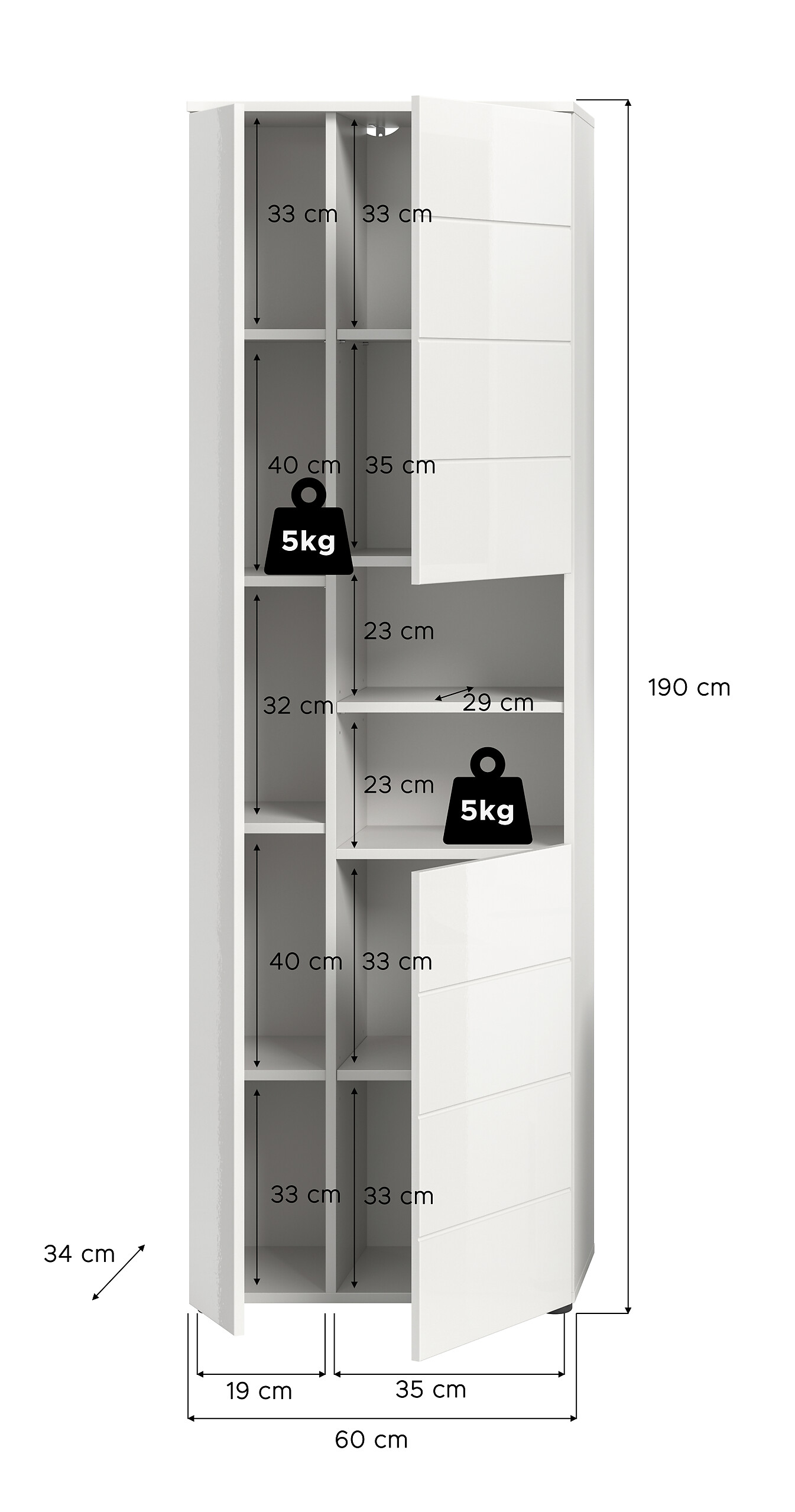 Badhochschrank VIRA weiß weiß Hochglanz B/H/T: ca. 60x190x34 cm
