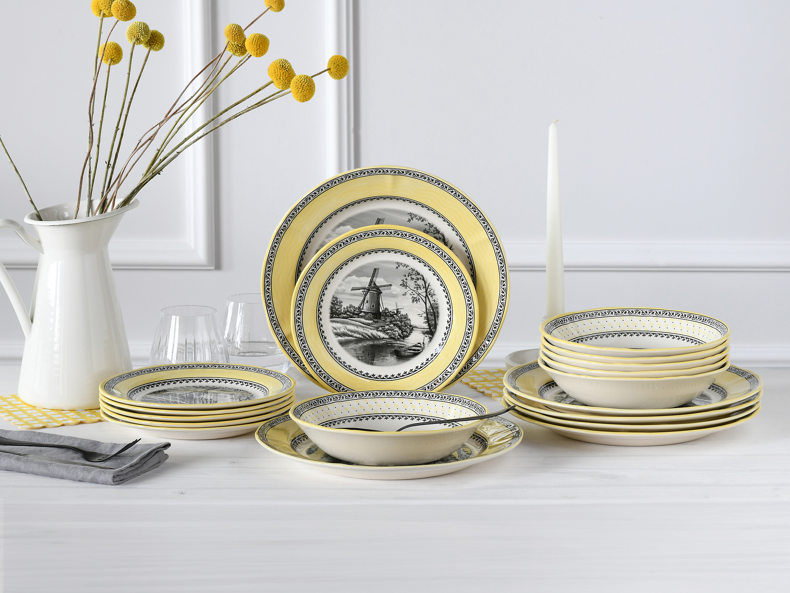 CreaTable Servierschalen-Set Windmühle gelb Steingut 18 tlg.