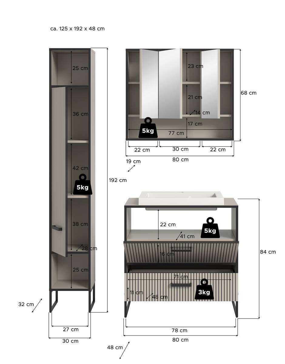 Badezimmer-Set BAGNO schwarz Kaschmirgrau Nachbildung B/H/T: ca. 125x192x48 cm