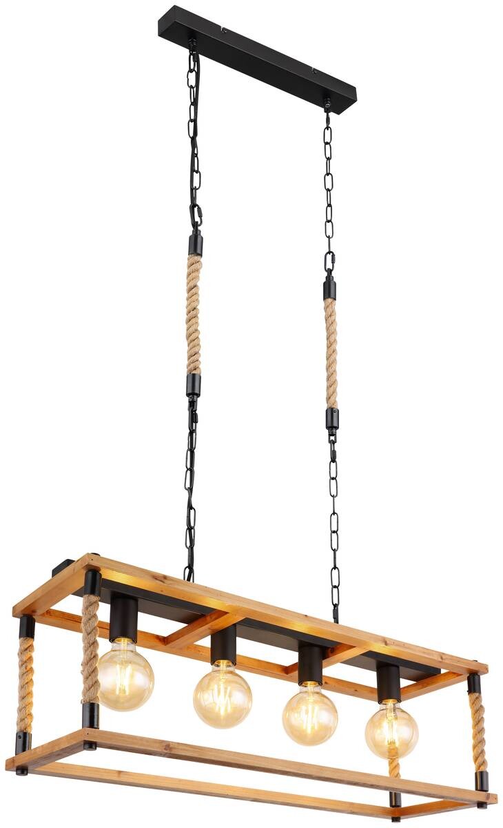 GLOBO Pendelleuchte 15691-4H schwarz braun Metall Holz B/H/L: ca. 25x120x80 cm E27 4 Brennstellen