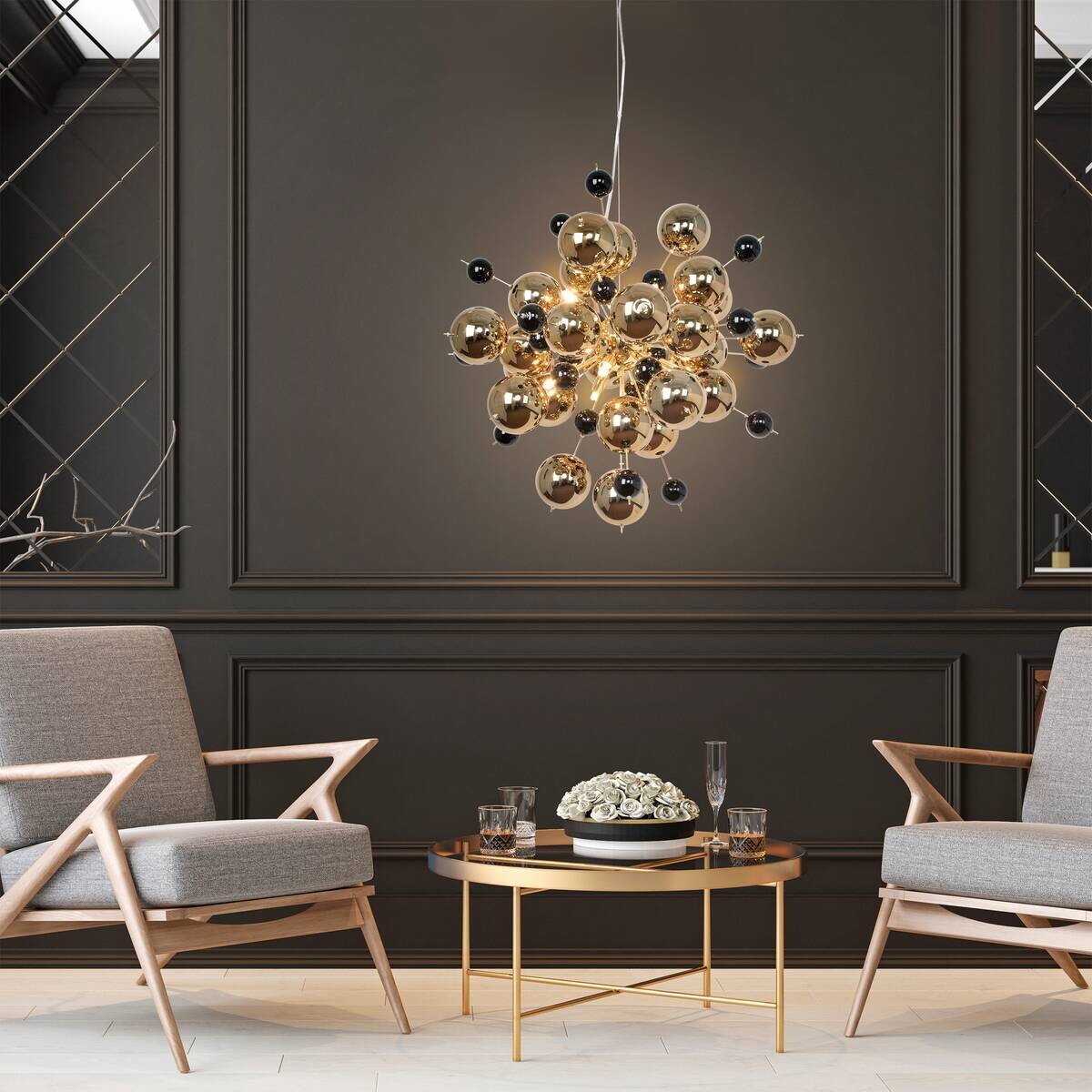 Näve Leuchten Pendelleuchte 7026458 gold Glas Metall B/H/T: ca. 65x150x65 cm G9 10 Brennstellen