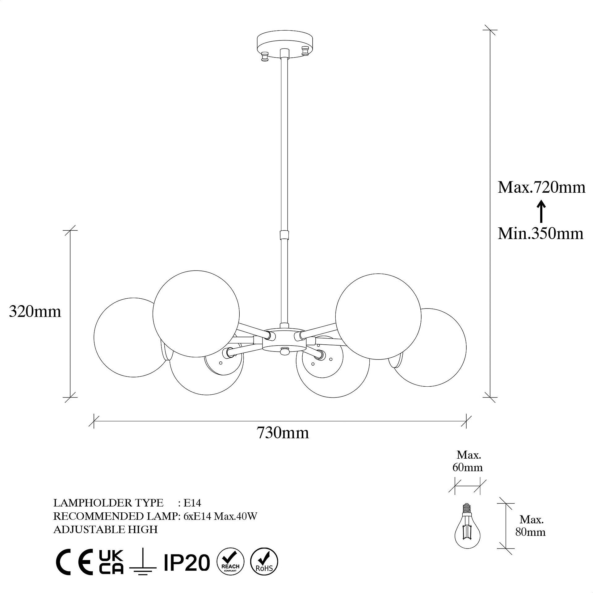 Opviq Pendelleuchte Akkas-10080 Metall Glas B/H/T/L/D: ca. 73x72x73x73x73 cm E14 6 Brennstellen
