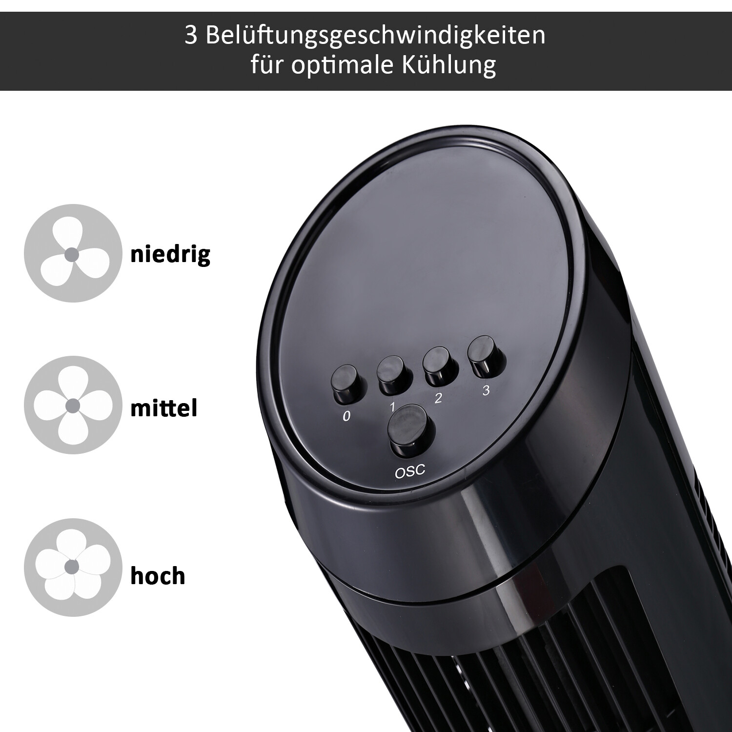 HOMCOM Turmventilator mit 3 Belüftungsstufen schwarz Kunststoff H/D: ca. 45x27 cm