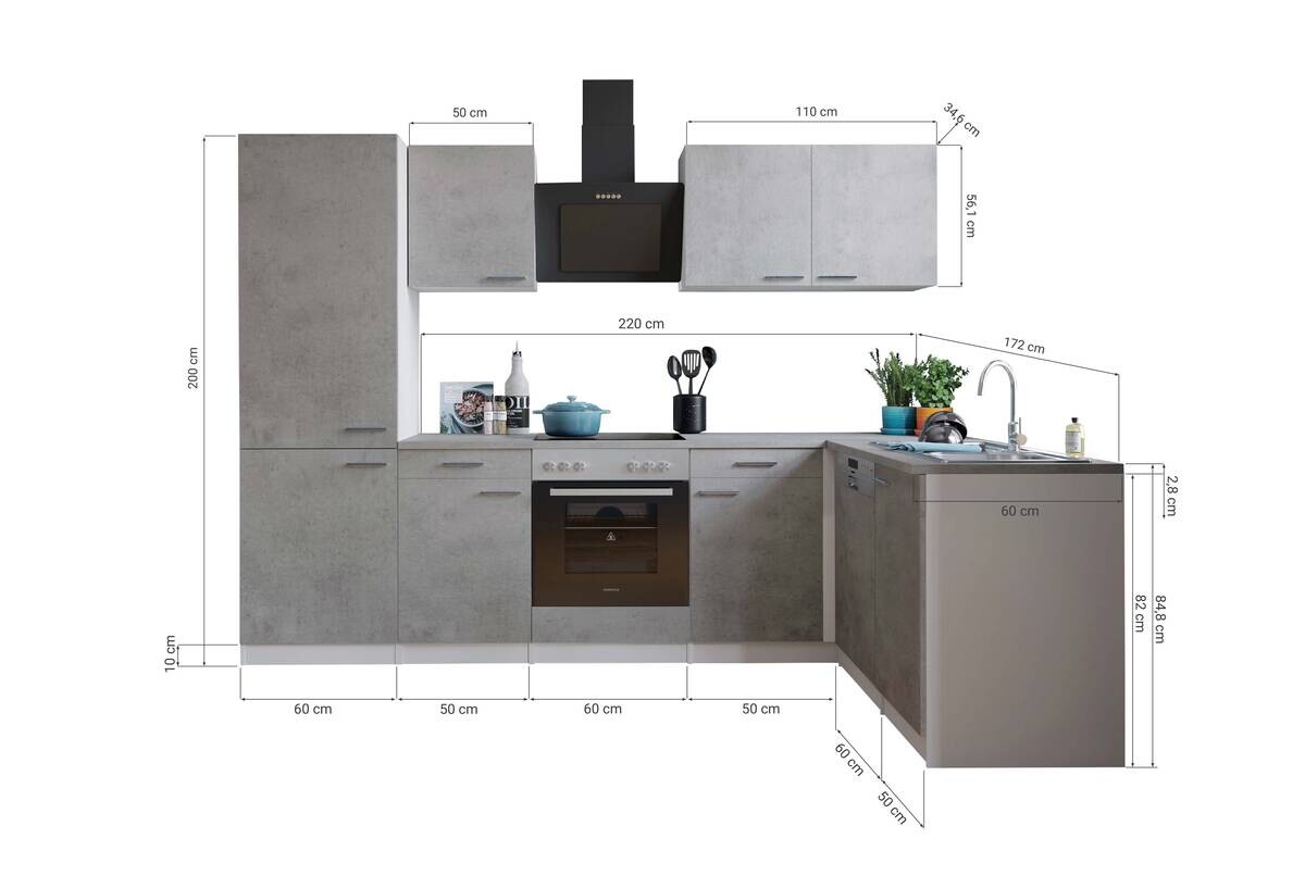 Respekta Winkelküche Malia Beton Optik B/H/T: ca. 280x200x172 cm
