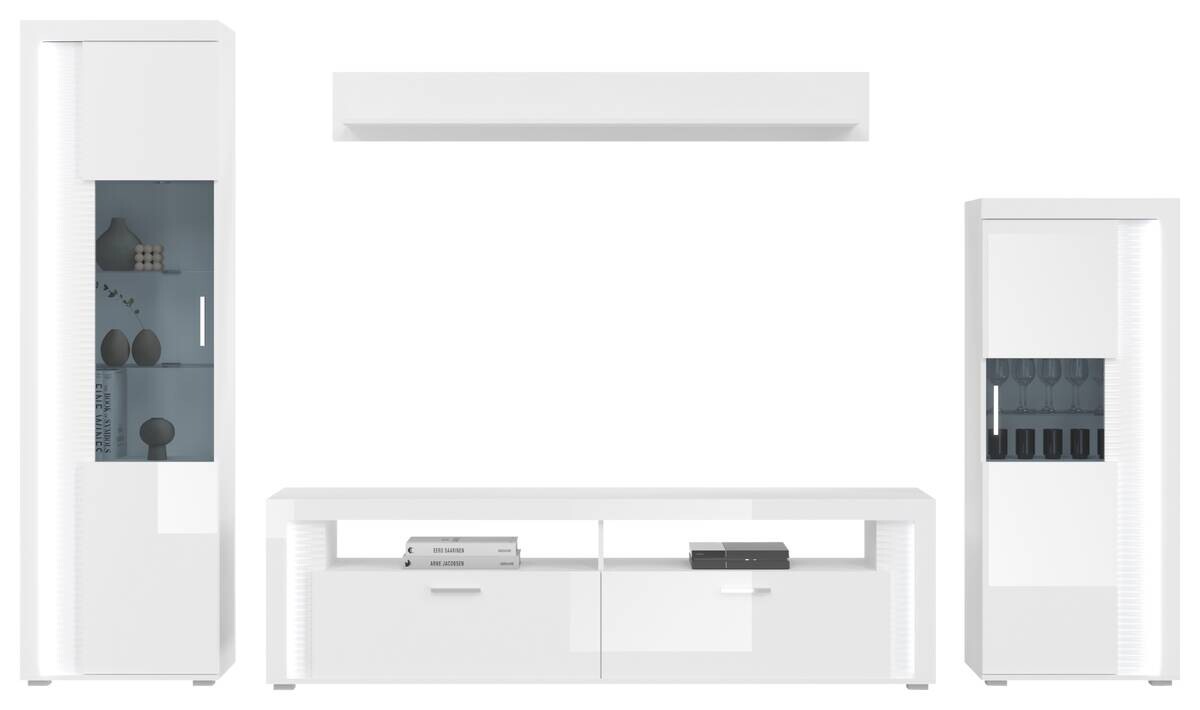 Wohnwand SKYLIGHT weiß weiß Hochglanz Pasol grau B/H/T: ca. 351x202x46 cm