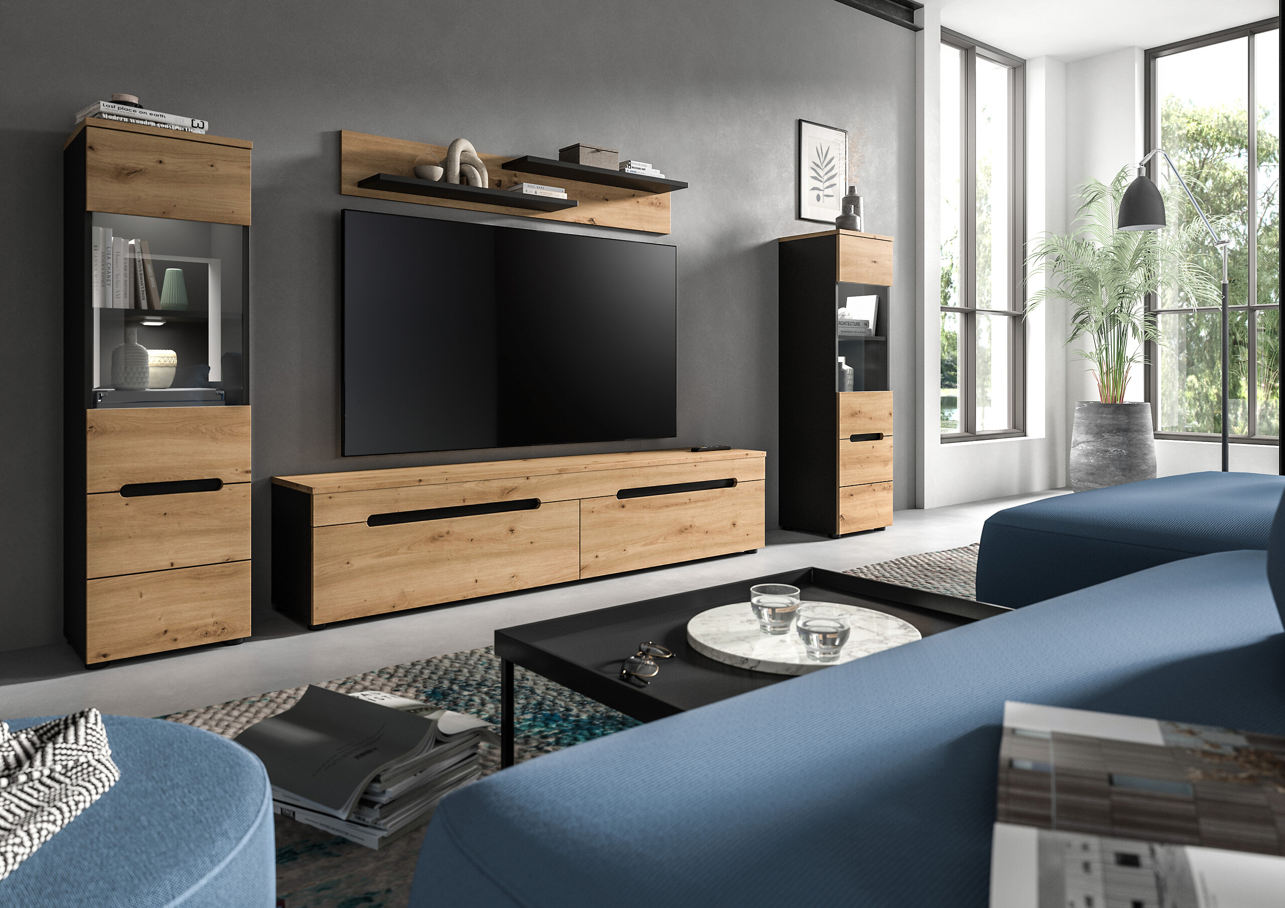 Wohnwand Canu basaltgrau Nachbildung Artisan Oak Nachbildung B/H/T: ca. 272x141x33 cm Wohnwand Canu basaltgrau Nachbildung Artisan Oak Nachbildung B/H/T: ca. 272x141x33 cm