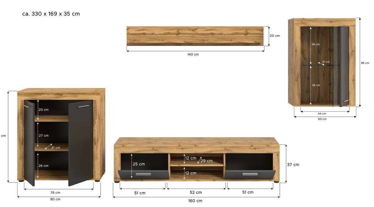 Wohnwand Jam Eiche Wotan Nachbildung grau B/H/T: ca. 330x169x35 cm