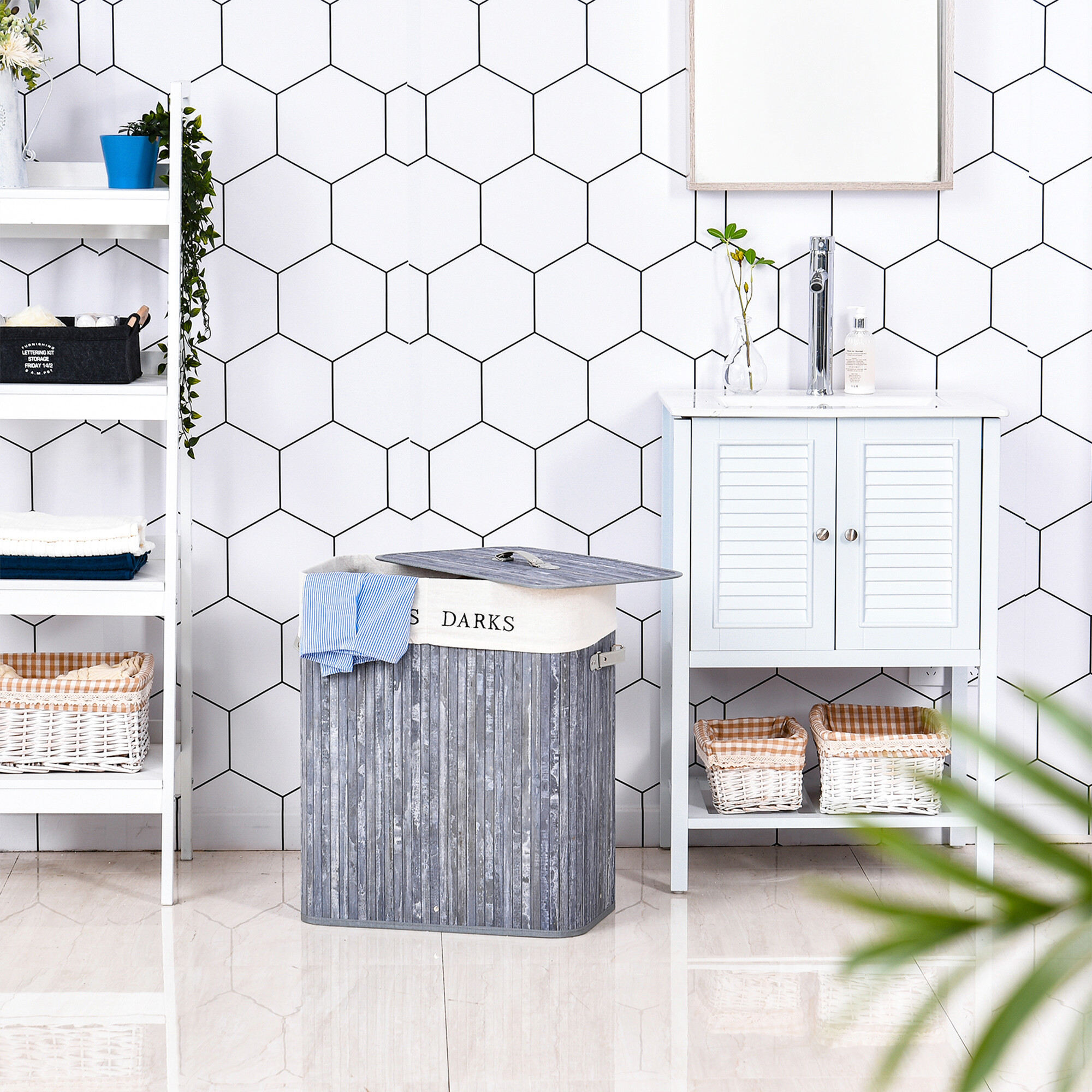 HOMCOM Wäschekorb mit 2 Tragegriffen grau Bambus Kunststoff B/H/L: ca. 32x63x52 cm