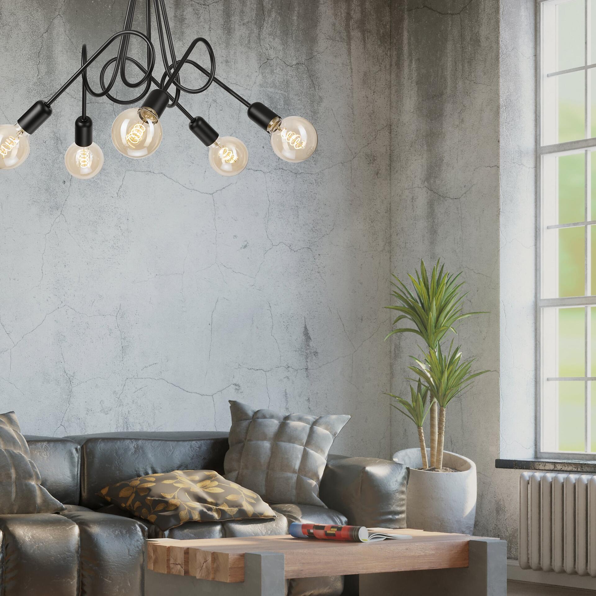 Lamkur Kronleuchter schwarz Stahl B/H/L: ca. 39x54x54 cm E27 5 Brennstellen