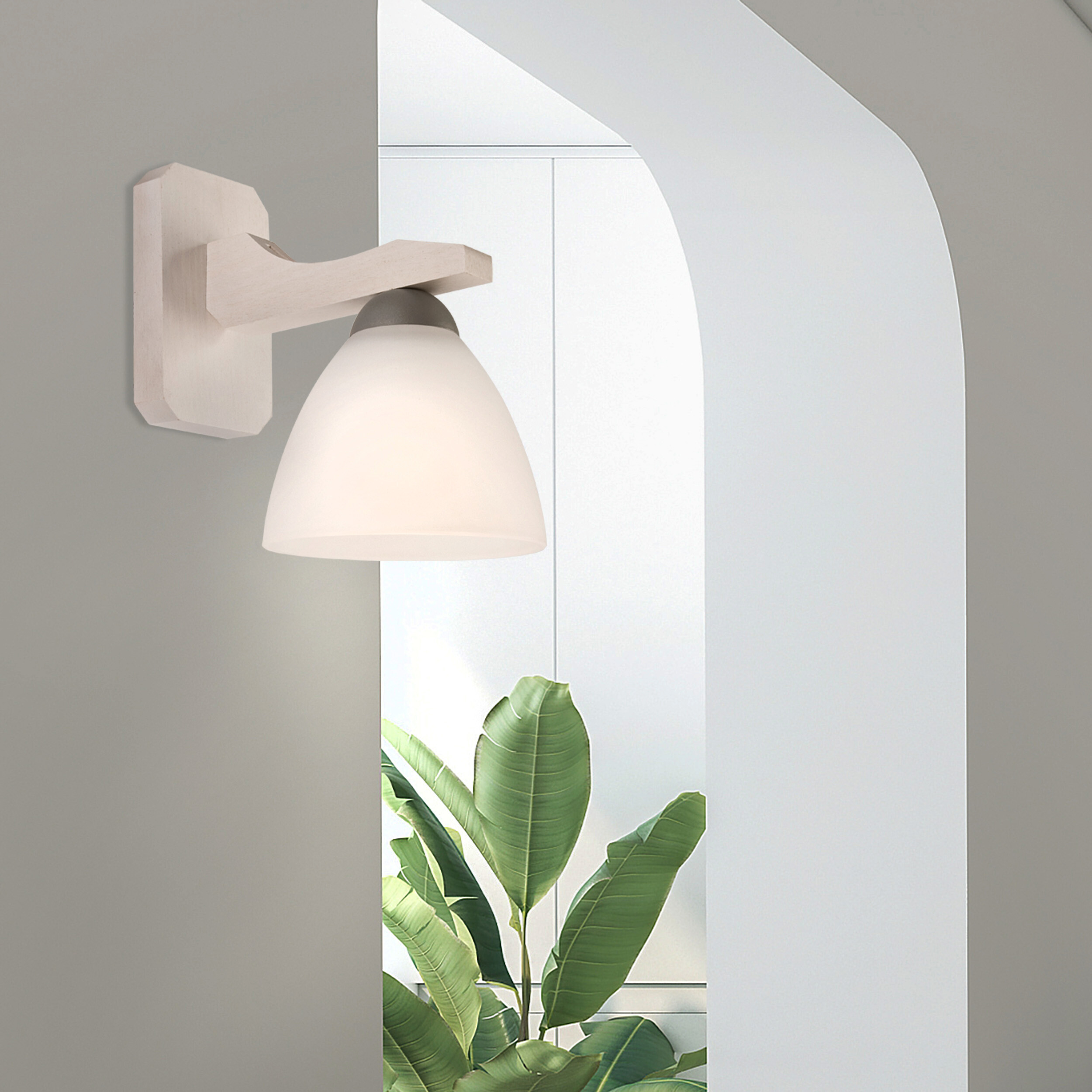 Lamkur Wandleuchte weiß buche Glas Stahl Holz B/H/L: ca. 20x20x30 cm E27 1 Brennstellen