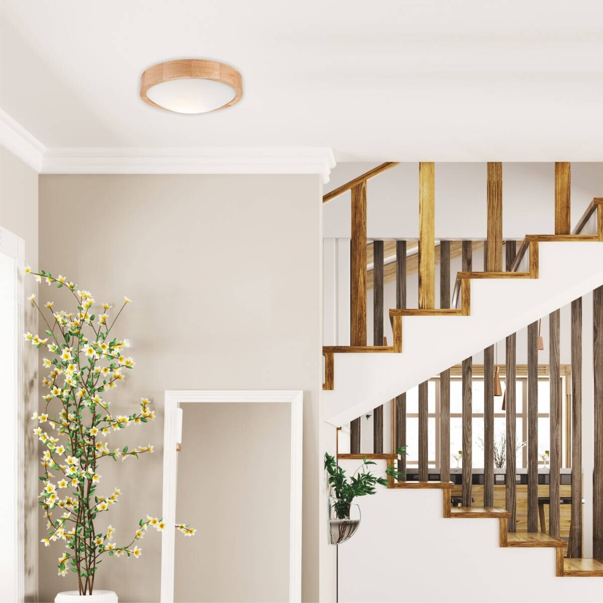 Lamkur Deckenleuchte Anello Eiche Glas Holz H/L: ca. 8x27 cm E27 1 Brennstellen