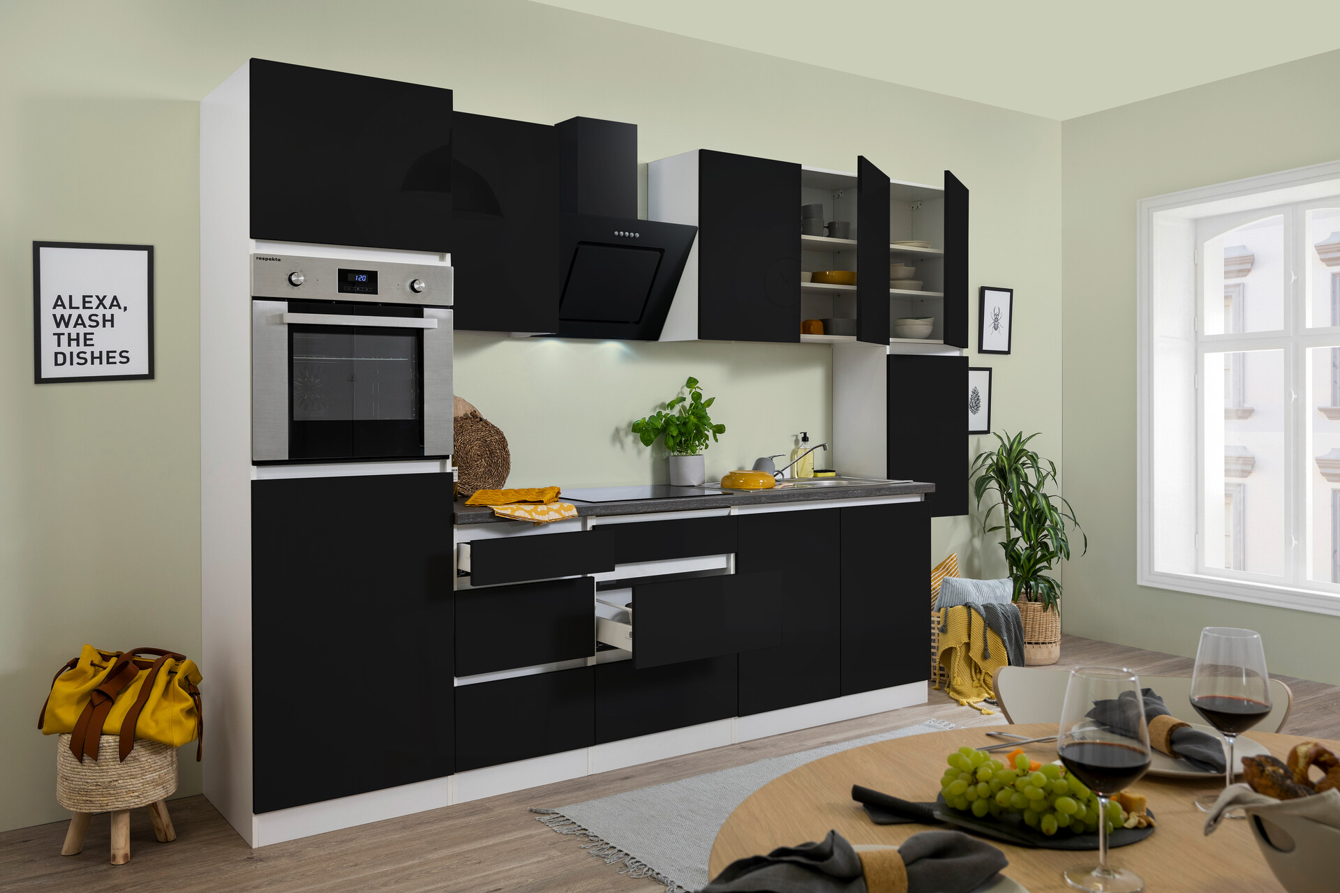 Respekta Küchenblock Premium schwarz hochglänzend B/H/T: ca. 320x220,5x60 cm