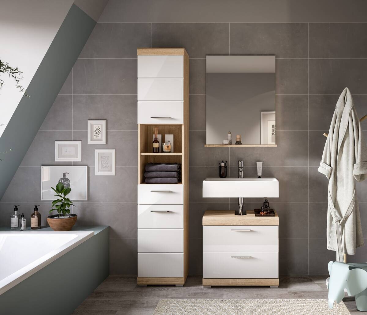 Badezimmer-Set Lambada Eiche Sonoma Nachbildung weiß Hochglanz B/H/T: ca. 112x191x37 cm