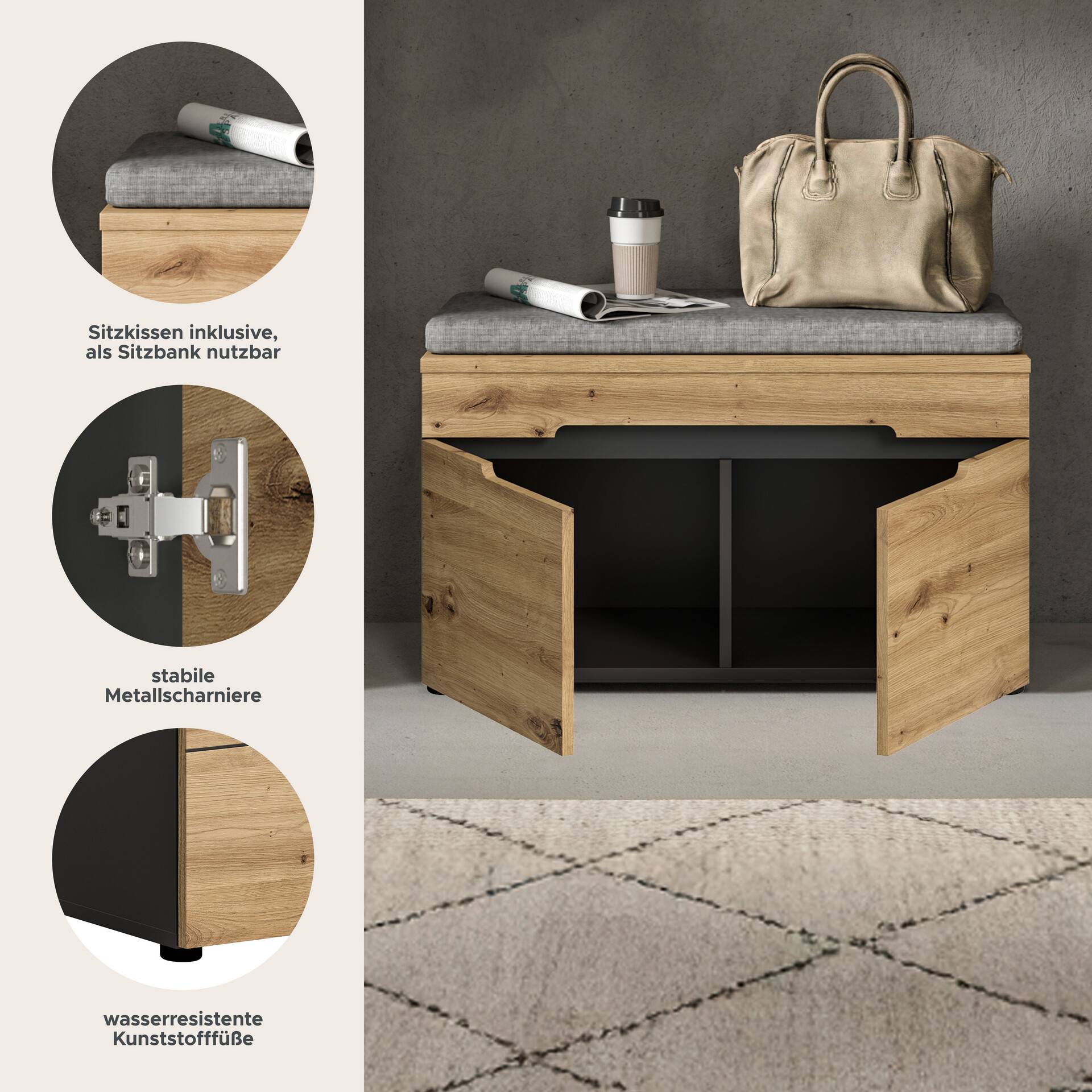 Sitzbank Canu basaltgrau Nachbildung Artisan Nachbildung B/H/T: ca. 80x45x37 cm