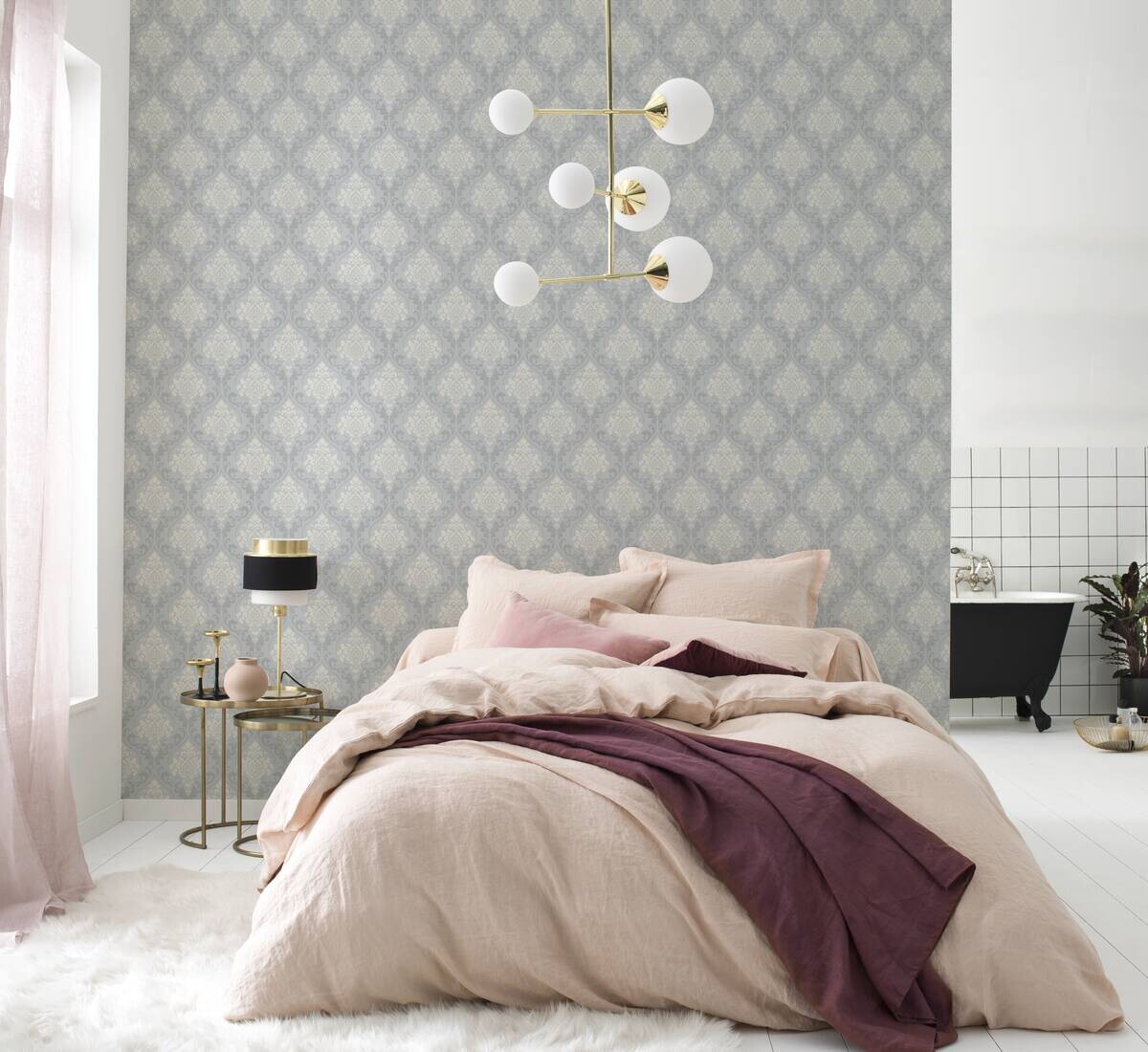 Papiertapete Ornament grau silber altweiß B/L: ca. 53x1005 cm