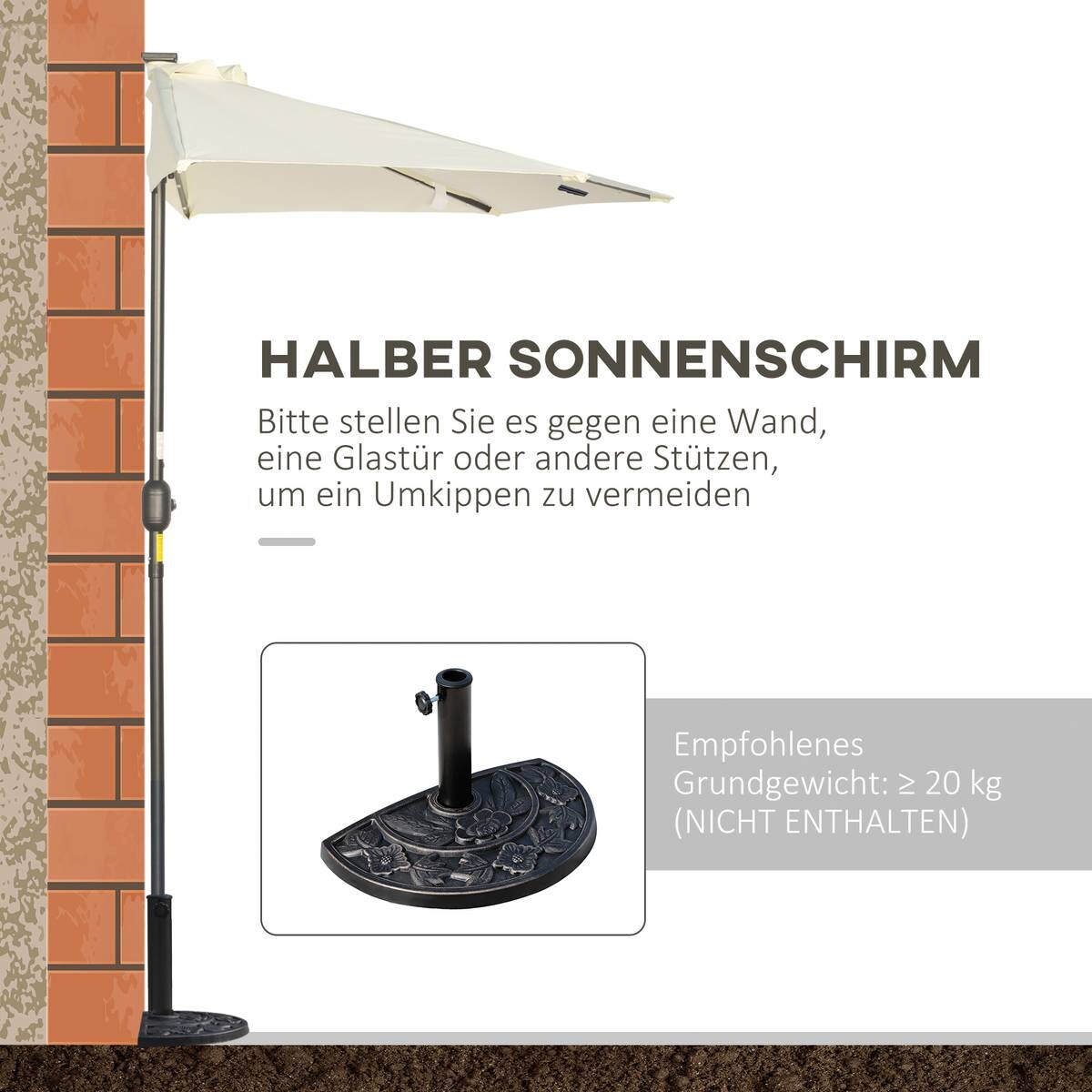 Outsunny Halbrunder Regenschirm beige Eisen B/H/L: ca. 135x240x270 cm