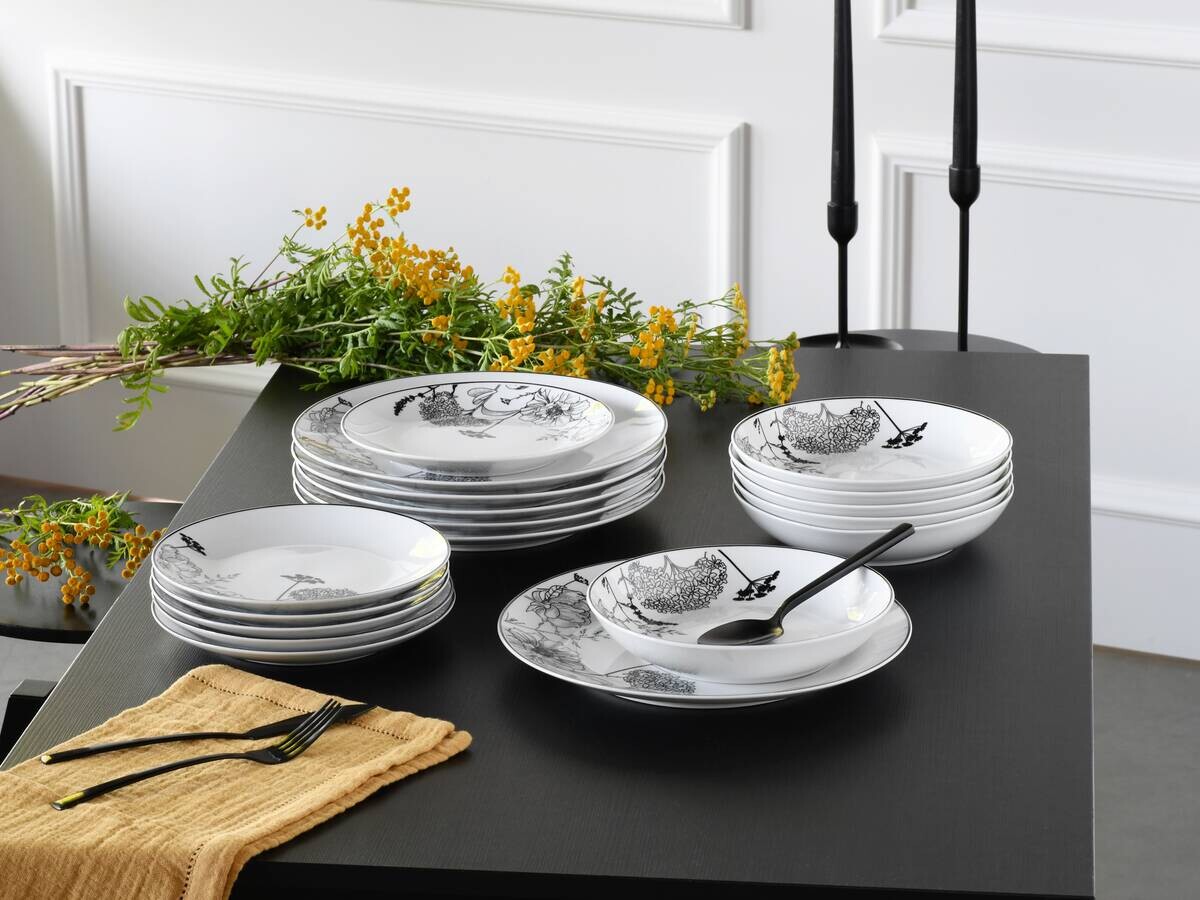 CreaTable Tafelservice Luna Black Flower weiß Porzellan 18 tlg.