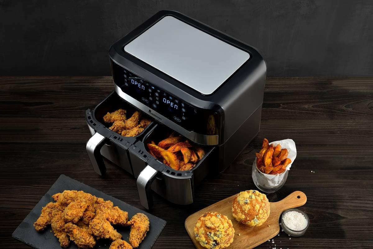 MASTERPRO Heißluftfritteuse Doppelbehälter BGMP-9178-BK silber Metall B/H/T: ca. 45x35,5x38 cm ca. 9 l MASTERPRO Heißluftfritteuse Doppelbehälter BGMP-9178-BK silber Metall B/H/T: ca. 45x35,5x38 cm ca. 9 l