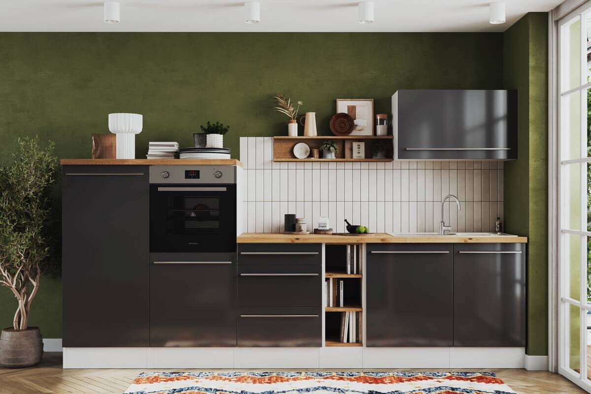 Respekta Inselküche Gabriel grau Hochglanz B/H/T: ca. 320x91x60 cm