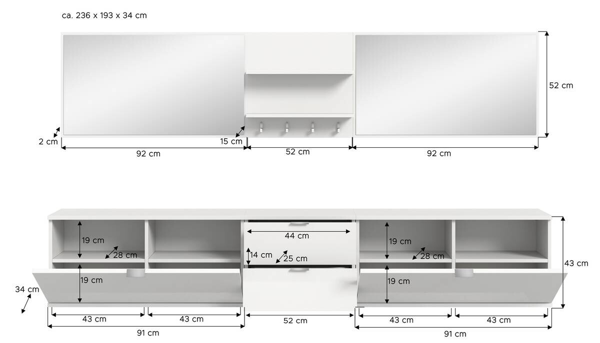 Garderobe PROJEKT X weiß weiß Hochglanz B/H/T: ca. 236x191x37 cm