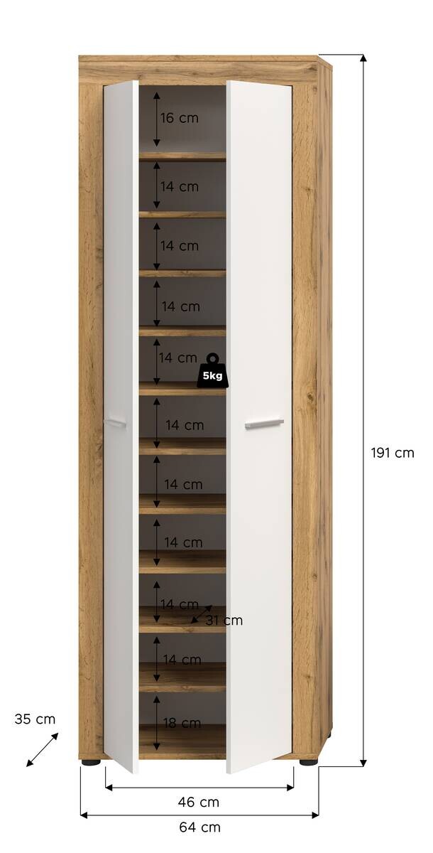 Schuhschrank JAM Eiche Wotan Nachbildung weiß B/H/T: ca. 64x191x35 cm