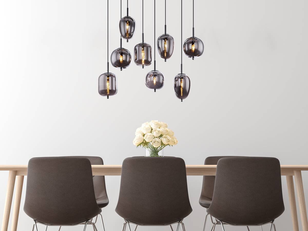 GLOBO Pendelleuchte Blacky 15345-8 schwarz Rauch Metall Glas B/H/T: ca. 94x120x34 cm E14 8 Brennstellen