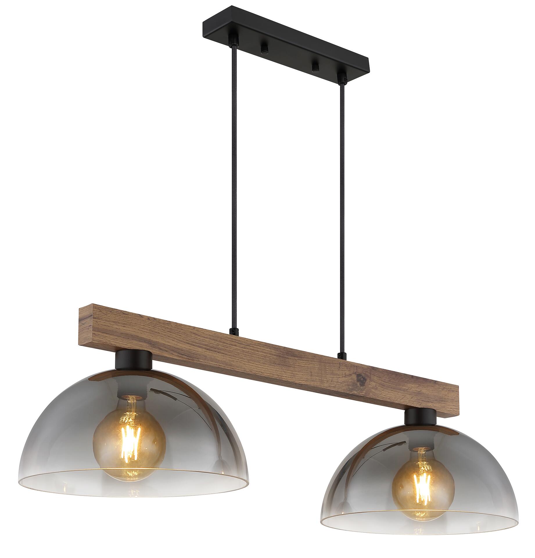 GLOBO Hängeleuchte dunkelbraun Rauch mattschwarz Holz Metall Glas B/H/L: ca. 30x120x85 cm E27 2 Brennstellen