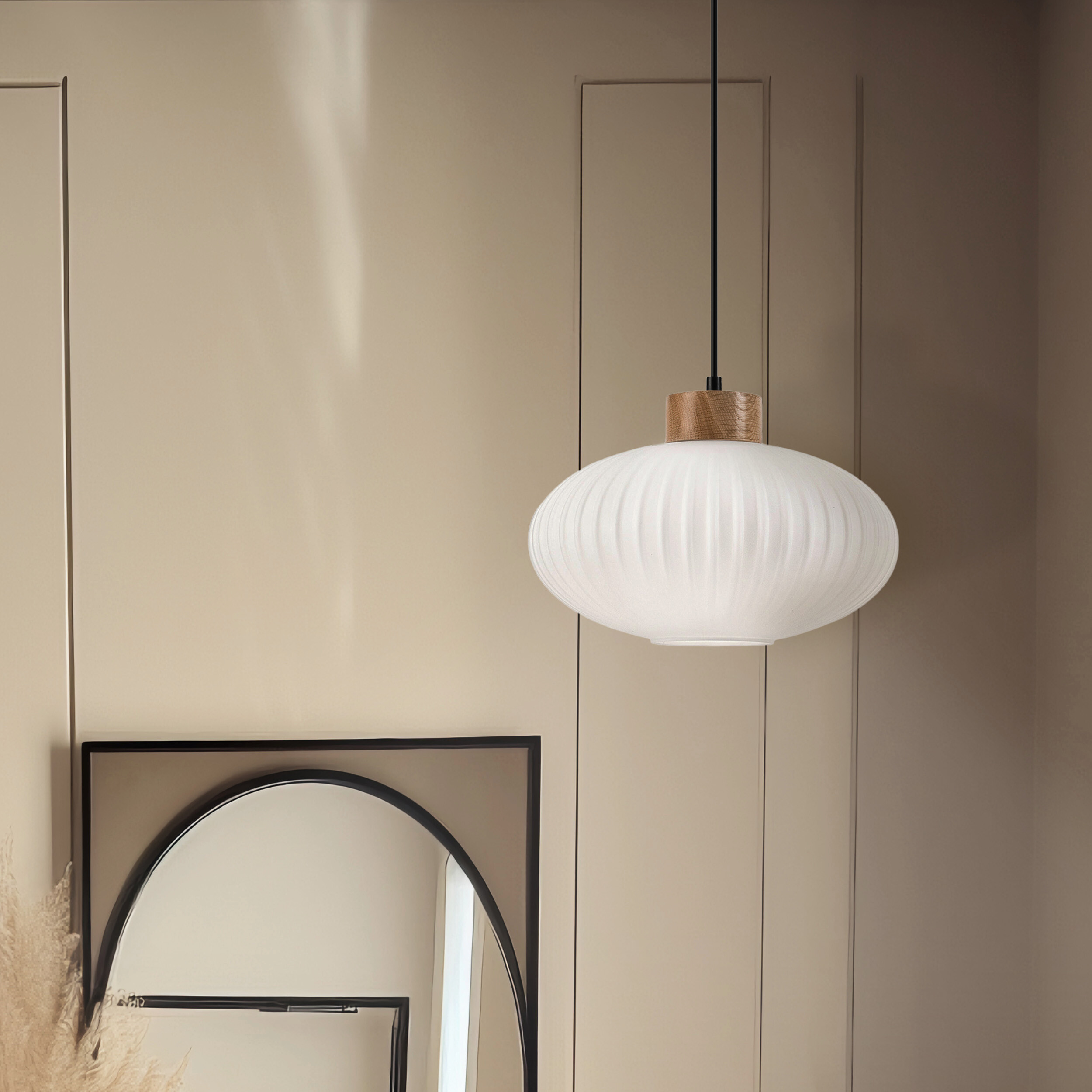 Lamkur Hängeleuchte Harmony Eiche weiß Glas Holz B/H/L: ca. 30x102x30 cm 1.0 Brennstellen