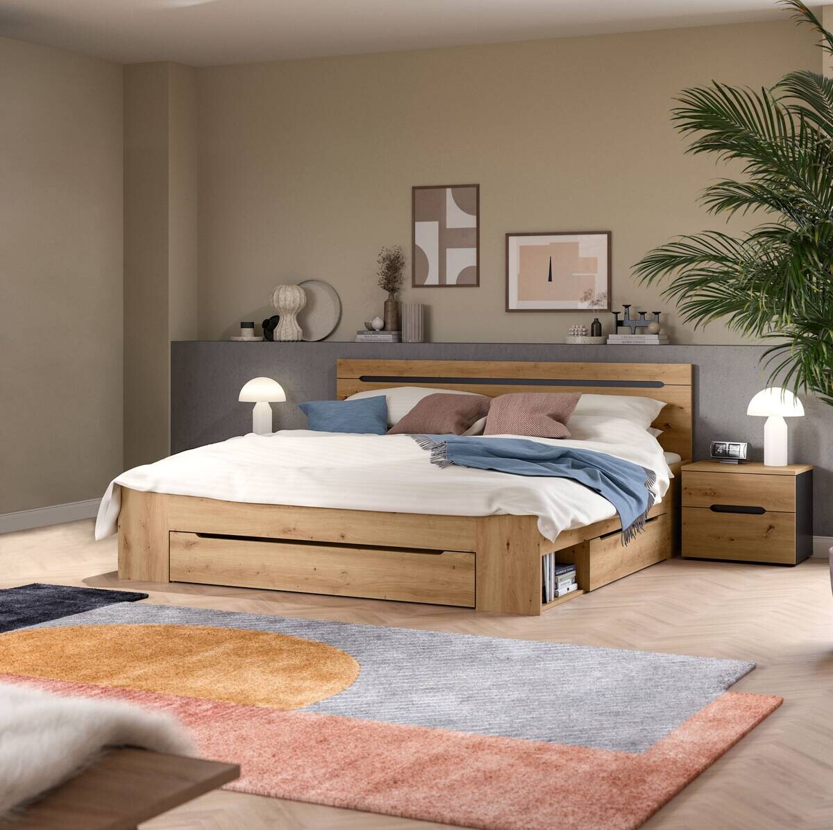 Schlafzimmer CANU, Set basaltgrau Artisan Nachbildung B/H/T: ca. 284x87x205 cm