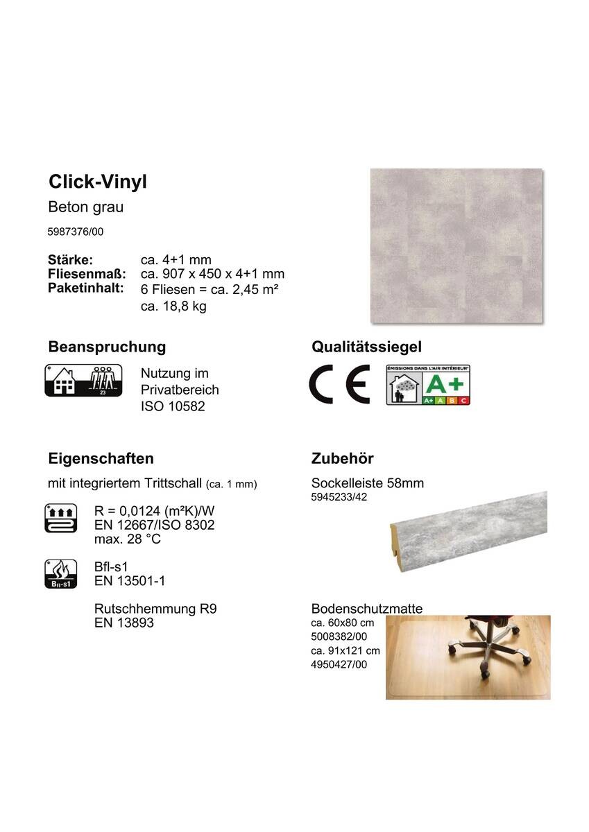 Click-Vinylboden Beton grau ca. 2,45 m² im Paket  B/L: ca. 45x90,7 cm pro Paket